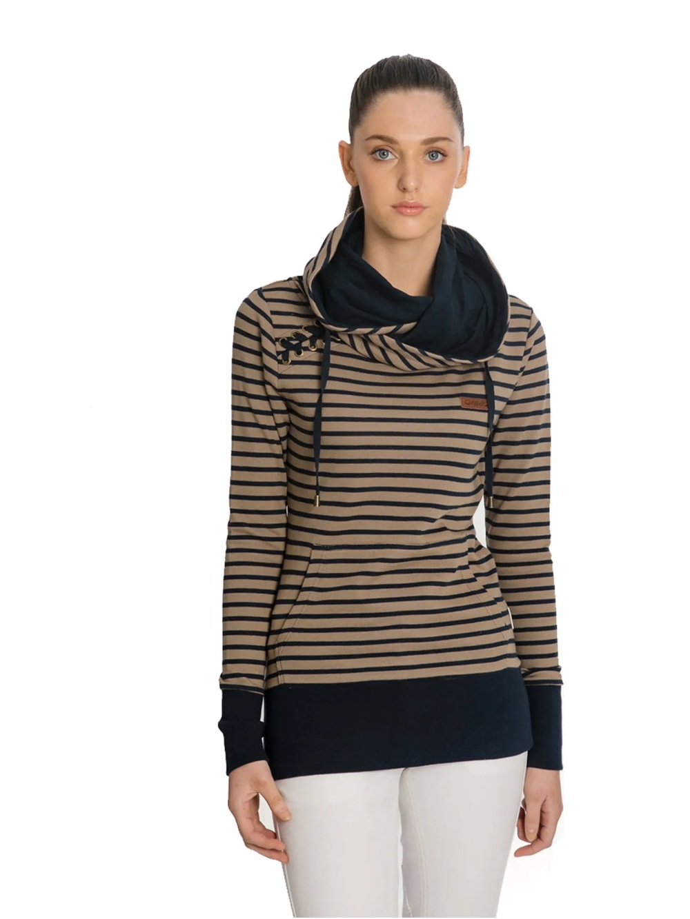 Striped Navy and Tan Pullover Hoodie Sweater
